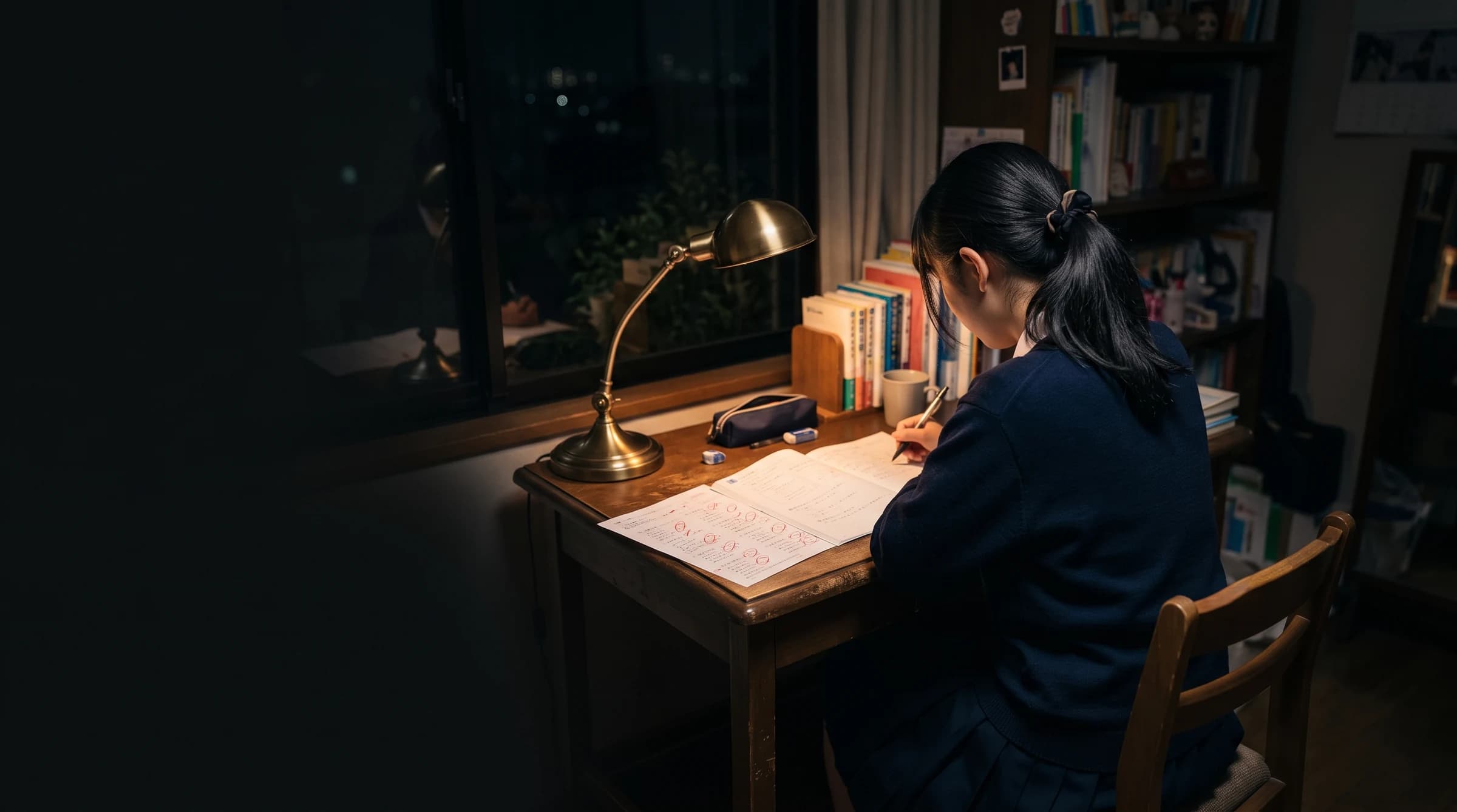 夜の自習室で答案に向かう高校生の背中